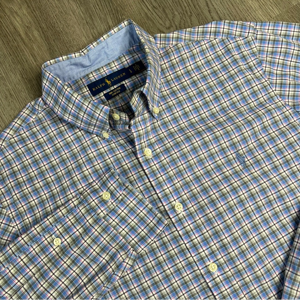 Ralph Lauren Button Up Shirt Cotton Stretch Blue White Checkered Pony Men’s L